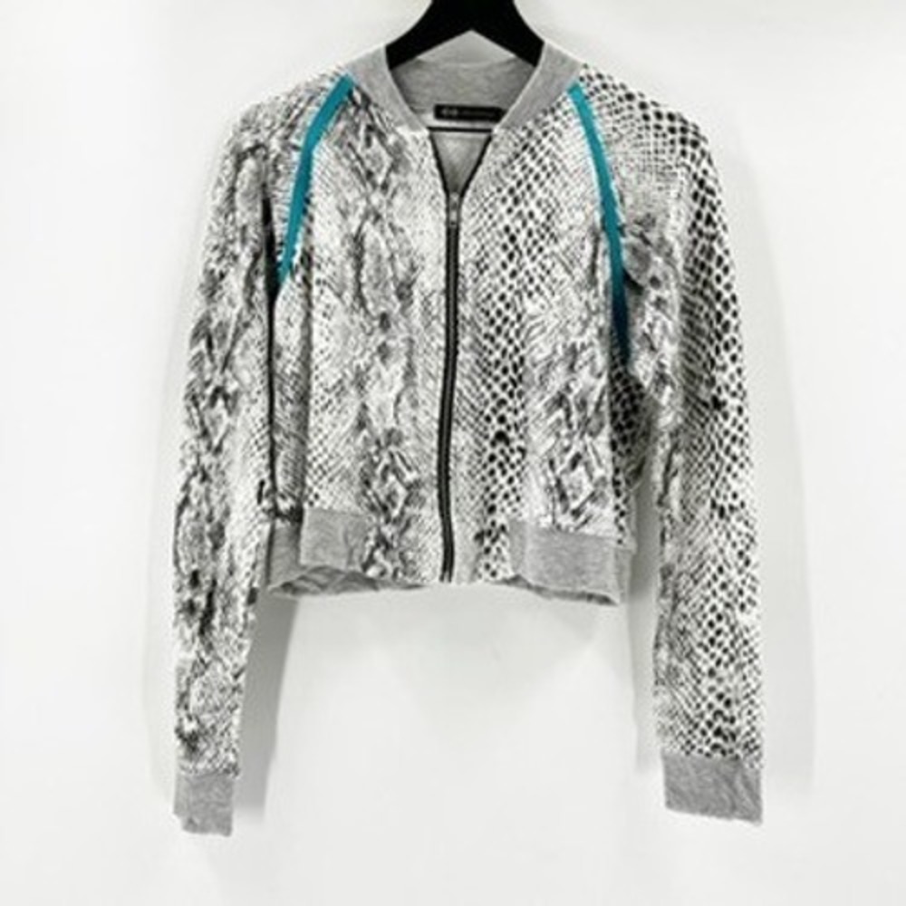 John Eshaya JET Snake Print Cropped Bomber Jacket Teal Trim‎ Gray